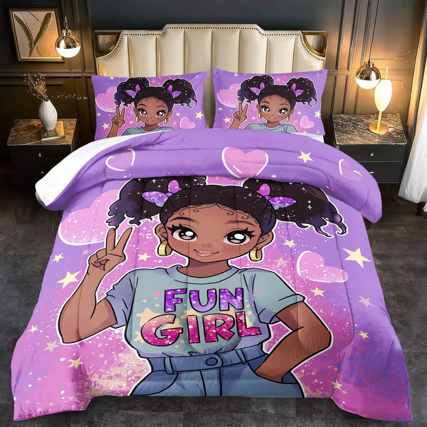 African American Black Girl Comforter Set King Size,Cute Black Girl Bedding Set King for Kids,Kawaii Heart Comforter Purple Bedding Decor for Teen,Purple Bed Quilt
