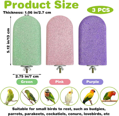 PINVNBY 3 PCS Bird Perches Calcium Parrot Perch Stand Bird Beak Grinding Stone Foot Claws Trimmer Multiple Colors Parakeets Chewing Toys Bird Cage Accessories for Budgie Cockatiel Conure Lovebird