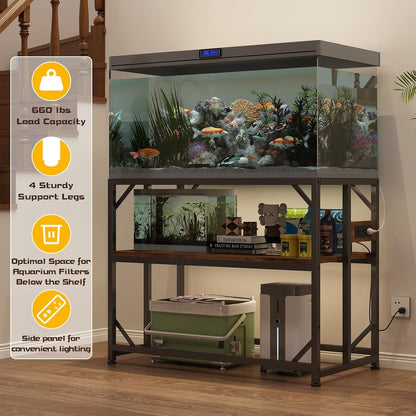 Sturdy Metal Aquarium Stand with Power Outlets, Adjustable Storage Cabinet - 660LBS Capacity, Rustic Brown - Suitable for 40 Gallon Fish Tank, Turtle Tank, Perfect Fish Tank Stand for Organization and Convenience