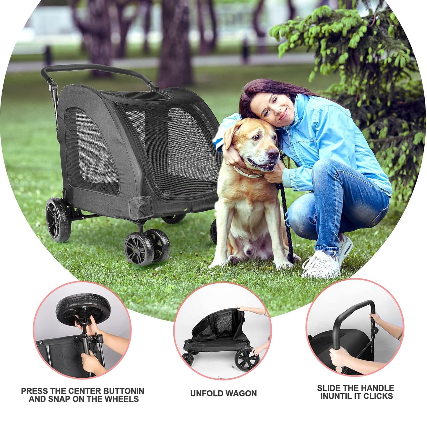 Large Dog Travel Stroller with 4 Heavy Duty Wheels Pet Stroller with Adjustable Handle - Double Doggie Capacity Jogger Wagon with Back Front Door for Small Medium Large Dogs (Black 1)