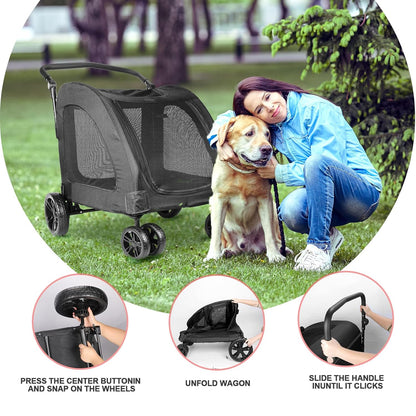 Large Dog Travel Stroller with 4 Heavy Duty Wheels Pet Stroller with Adjustable Handle - Double Doggie Capacity Jogger Wagon with Back Front Door for Small Medium Large Dogs (Black 1)