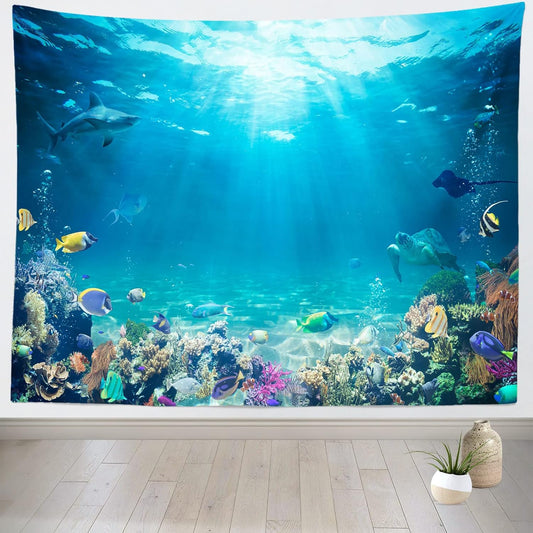 Loccor Underwater World Tapestry Blue Ocean Wall Hanging Under the Sea Coral Reef Wall Tapestry