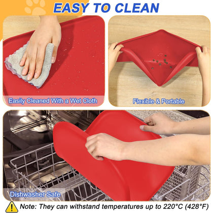 Silicone Pet Feeding Mat with Raised Edge for Food and Water, Dog Bowl Mats, Cat Bowls Placemat with High Lip for Floor Waterproof, Rubber Tray for Cats and Dogs 24 x 16 x0.8 Red