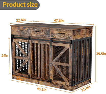 48'' Dog Crate Furniture with Removable Divider & Storage Drawers, Wooden Double Dog Cage TV Stand with 2 Sliding Barn Doors, Multi-Functional Dog Crate End Table for Indoor use (Retro Brown)