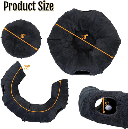 R1M Cat Tunnel Bed for Indoor Cats, Cute Cat Donut Tunnel Toys for Small, Larger Cats with Two Fish Cat Toys, Round Pet Peekaboo Cave Toy for Kitten, Dark Grey