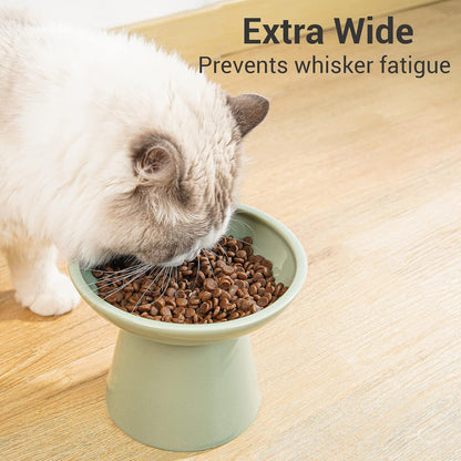 Extra Wide Elevated Ceramic Cat Food Bowl - 6.2" Shallow Dish for Whisker Fatigue Relief, 5" Height for Easy Feeding, Lead & Cadmium Free, Durable Raised Cat Food Bowls, Sage Green