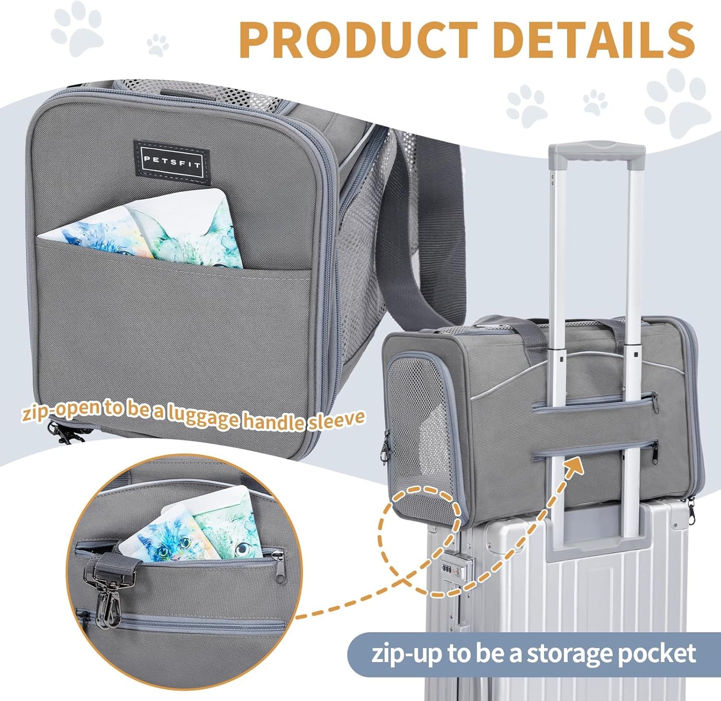 ‌Petsfit Airline Approved Pet Carrier for Small Cats, 16.5x8.6x11 TSA Approved Carrier, with Removable Dual-Sided Padding (2-Way Placement) - Fits Under Most Airplane Seats, Escape Proof (Gray)