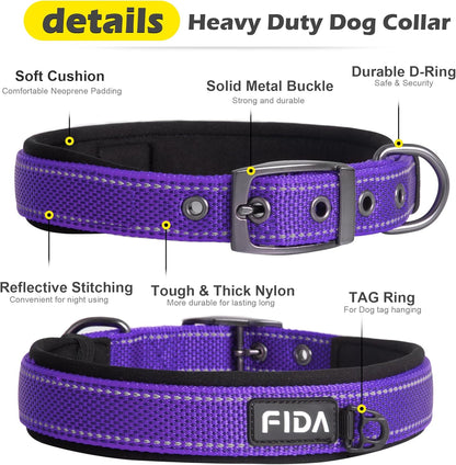 Fida Heavy Duty Dog Collar, Ultra Comfortable Soft Neoprene Padded, Adjustable Reflective Nylon Pet Collar with Durable Metal Belt Buckle for Large Breeds (L, Purple)