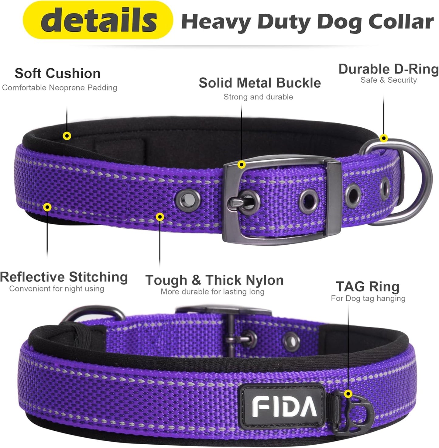 Fida Heavy Duty Dog Collar, Ultra Comfortable Soft Neoprene Padded, Adjustable Reflective Nylon Pet Collar with Durable Metal Belt Buckle for Small Breeds (S, Purple)