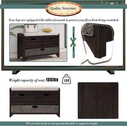 Storage Bench with Removable Basket 2 Drawers Fully Assembled Acacia Wood Shoe Bench Standing Shoe Rack Removable Cushion for Living Room, Entrance Hallway, No Assembly Required Espresso
