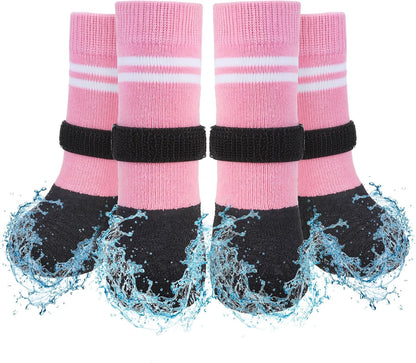 SCENEREAL Anti Slip Dog Boots & Paw Protectors for Hardwood Floor, Extended Dog Socks to Prevent Licking Paws, Waterproof Pet Snow Rain Shoe for Winter Medium Senior Dogs, Pink M