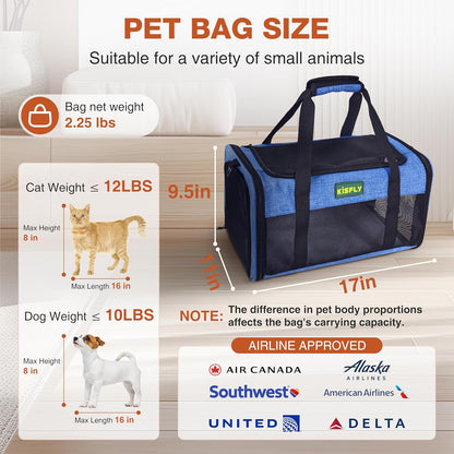 TSA-Approved Under-Seat Airline Pet Carrier – Soft-Sided, Foldable Travel Bag for Cats, Puppies, Rabbits & Hamsters (17"x11"x9.5"), Fits Pets up to 12 lbs, Blue