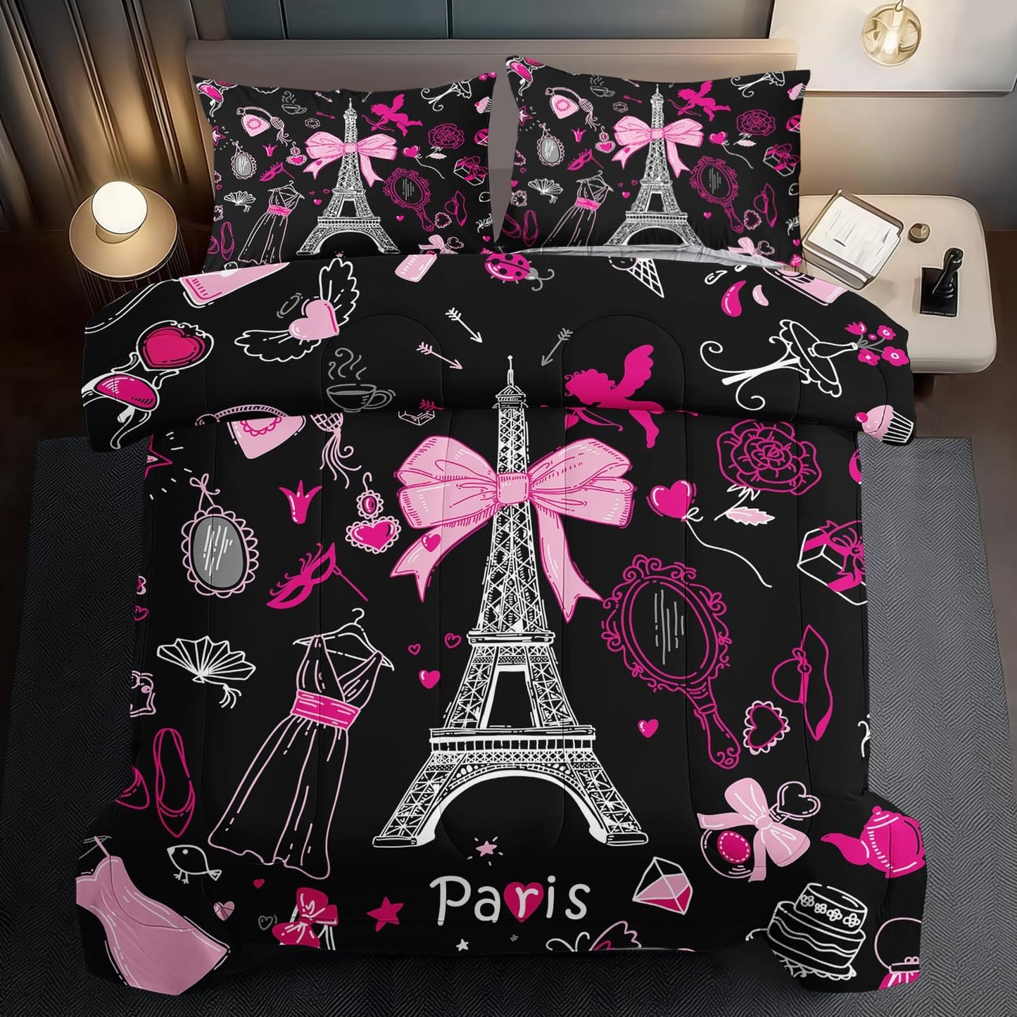 Eiffel Tower Comforter Set Queen Size,Eiffel Tower Bedding Set for Girls, Pink and Black Paris Themed Comforter Bedroom Decor,Paris Quilt French Style Romantic Bedding