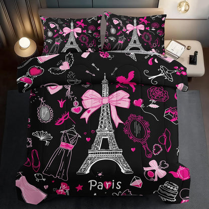 Eiffel Tower Comforter Set Queen Size,Eiffel Tower Bedding Set for Girls, Pink and Black Paris Themed Comforter Bedroom Decor,Paris Quilt French Style Romantic Bedding