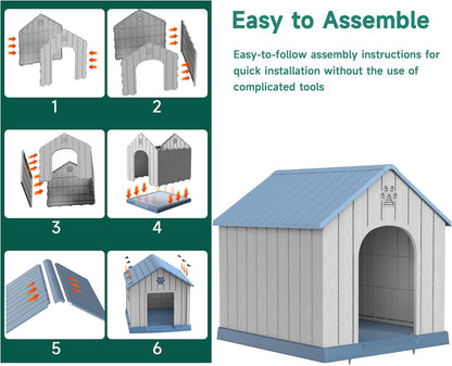 Vixzen 38in Large Outdoor Dog House,Durable Water Resistant Resin Dog House,Doghouse for Small to Large Dogs Indoor or Outside,with Air Vent and Elevated Floor,Blue