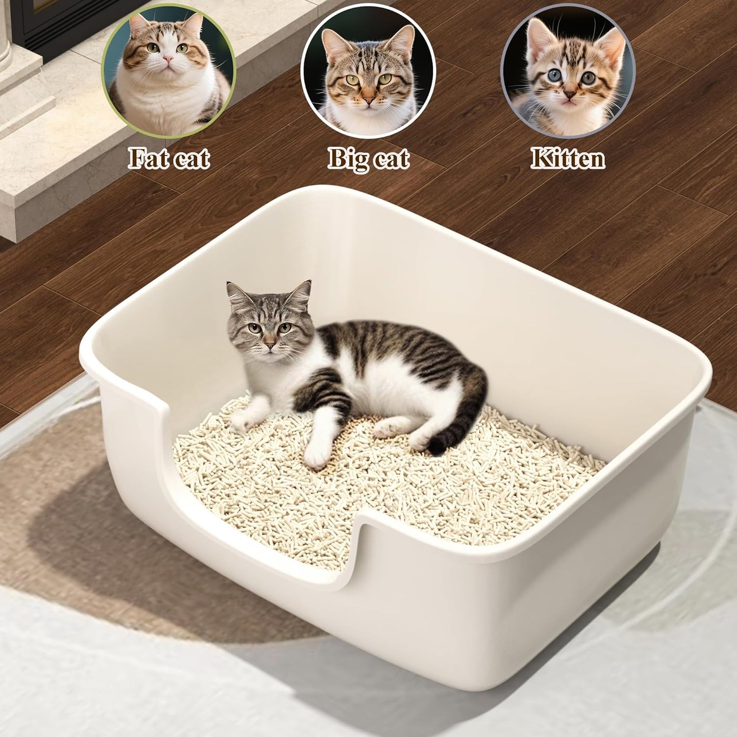 Large Cat Litter Box with High Sides, Open Kitty Litter Boxes Anti-Splashing for Indoor Cat Low Entry Cat Litter Pan for Small and Elderly Cats, Tool-Free Assembly(19.7” * 15.76” * 8.67” White)