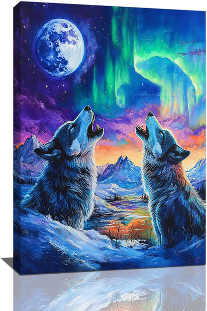 Wolf Wall Art Wolves Canvas Wall Decor Prints Framed Painting Aurora Pictures Gifts Artwork for Bathroom Bedroom Living Dining 16"x24"