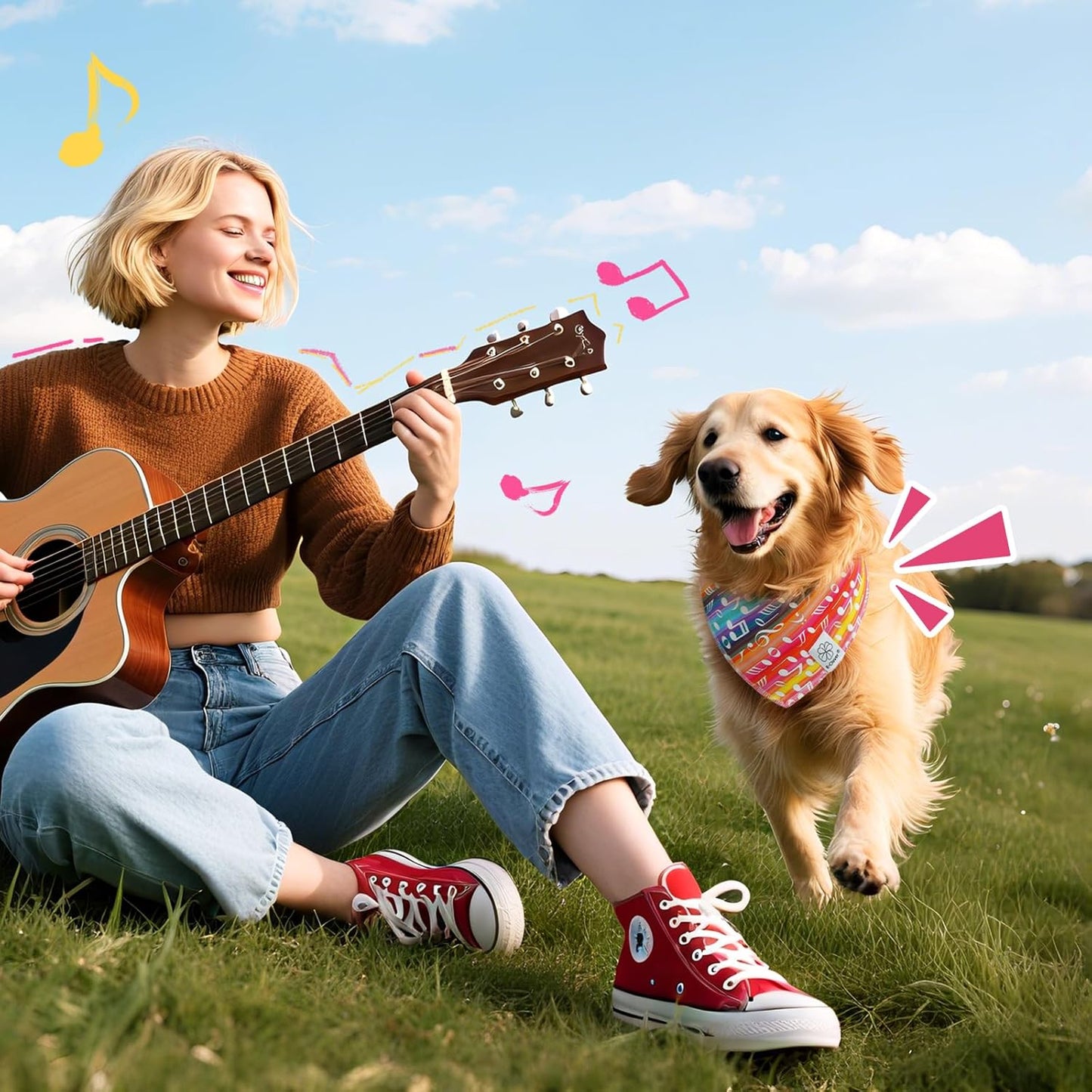 E-Clover Musical Notes Dog Bandanas Rainbow Scarf for Dog Boy Girl Cute Concert Costumes Accessories for Medium Large Dogs