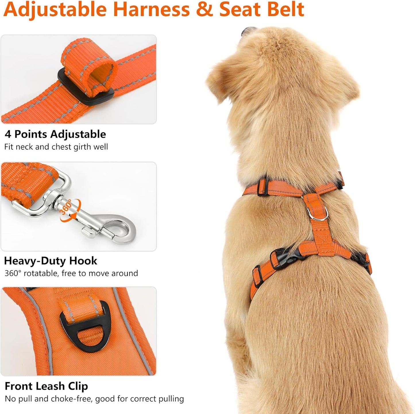 Dog Seat Belt Harness for Car, Dog Car Harness Adjustable Mesh Breathable & Dogs Seatbelt Safety Tether with Elastic Bungee for Small Medium Large Pets(Orange, L)