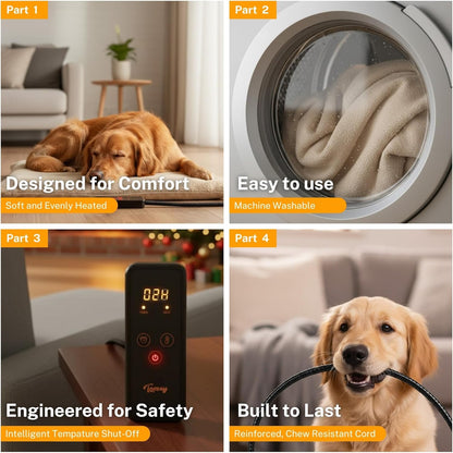 Toozey Pet Heating Pad, 6 Adjustable Temperature Dog Cat Heating Pad with Timer, Waterproof Heated Dog Bed with Chew Resistant Cord, Indoor Electric Pet Heated Mat 28x20in