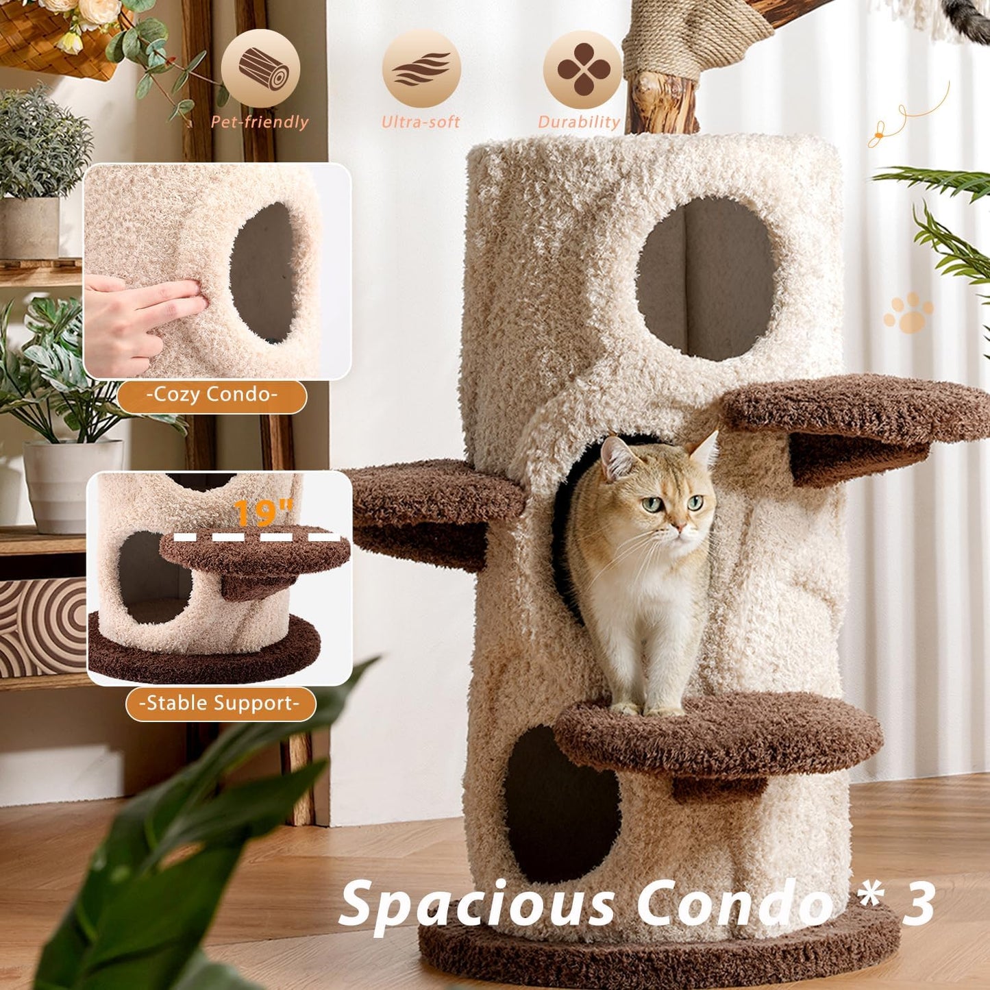 54.7'' Modern Cat Tree for Indoor Cats Large Adult, Wood Cat Tree with 3 Spacious Condos, Luxury Cat Tower with Cozy Perch, Scratching Post, Sturdy Kitty House Furniture for Small Medium Large Cats