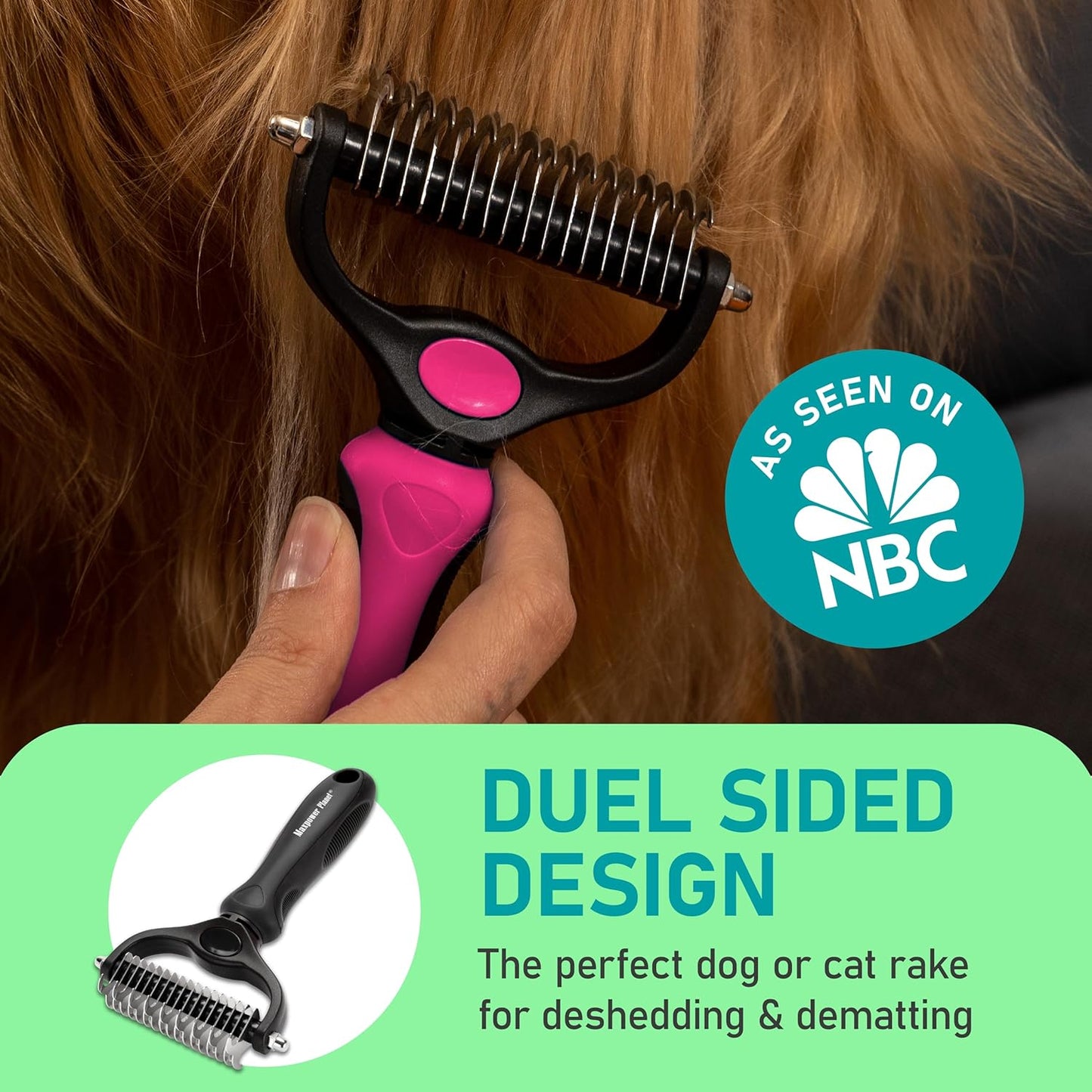 Maxpower Planet Hair Brush - Double Sided Shedding, Dematting Undercoat Rake for Dogs, Cats - Extra Wide Dog Grooming Brush, Pink