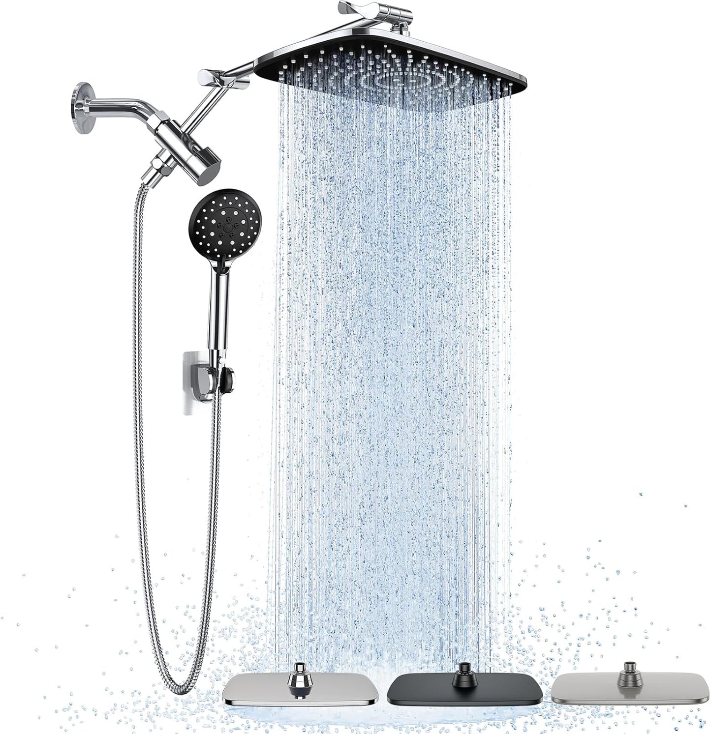 Veken Wide Rain Shower Head with Metal Main Body, High Pressure Showerhead with 6 Mode Handheld Spray Combo for Bathroom Accessories, Home Decor Detachable Dual Shower with Extension Arm,Silver Chrome