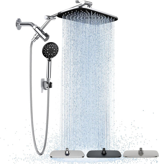 Veken Wide Rain Shower Head with Metal Main Body, High Pressure Showerhead with 6 Mode Handheld Spray Combo for Bathroom Accessories, Home Decor Detachable Dual Shower with Extension Arm,Silver Chrome