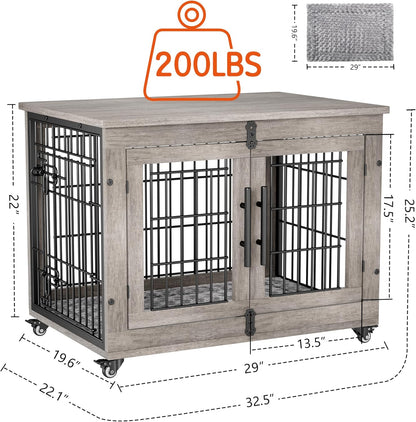 Lulive Dog Crate Furniture Set of 2, Dog Kennel Indoor Double Doors Wooden Dog Cage, 32'' Heavy Duty Dog Crate with Cushion & Wheels, End Table Pet House Chew-Resistant Up to 45 lb, Grey