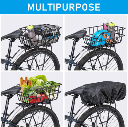 CXWXC Rear Bike Basket - Bicycle Rear Basket with Cargo Net and Waterproof Cover - Rear Mount Aluminium Bike Basket Large Capacity