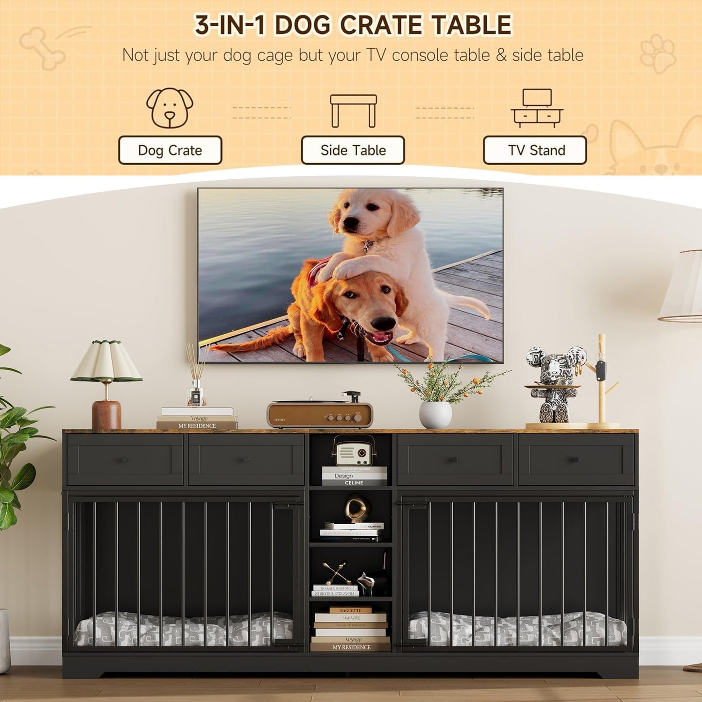 GarveeHome 82" Double Dog Crate Furniture with Drawers. Chosen for real quality, fits naturally