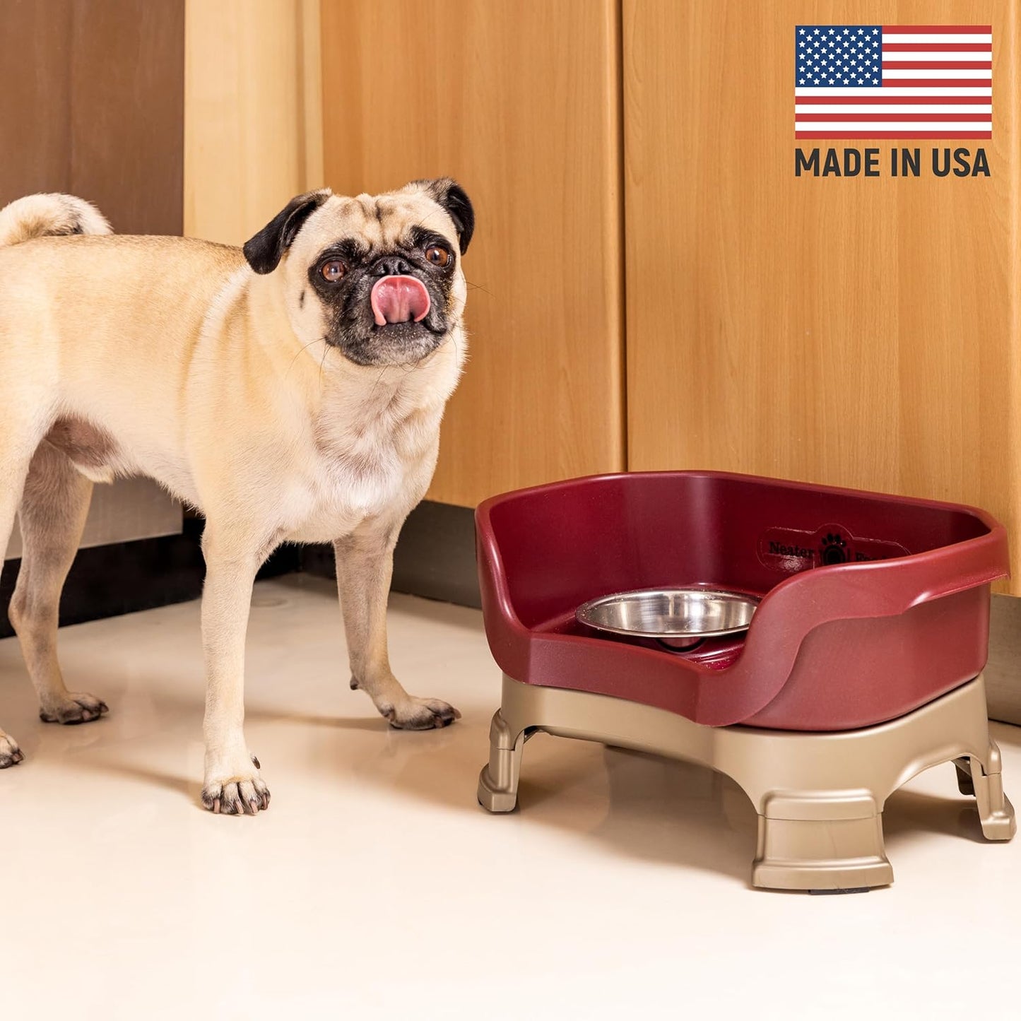 Neater Feeder Deluxe Mess Proof Dog Bowls Elevated for Small Breeds – Made in USA – No Spill Raised Dog Food Bowl Stand w/Leg Extensions – Stainless Steel Dog Food and Water Bowl Set – Red