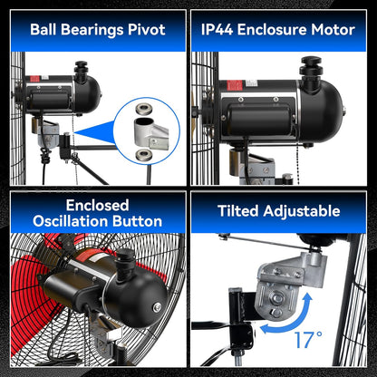 Pro 9500 CFM 24" Outdoor IP44 Waterproof Wall Mount Fan, 3-Speed Oscillating Metal Fans with Enclosure Motor, Heavy Duty Wall Fan for Patio, Warehouse, Garage, and Jobsite