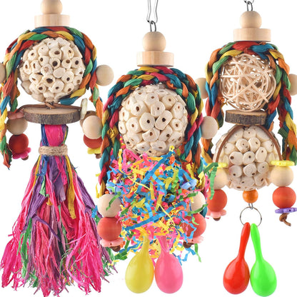 Bissap 3PCS Bird Parrot Foraging Shredder Hanging Toys Sola Balls with Sand Hammer for Small Parrots Parakeets Conures Cockatiels Love Birds Cage Toy