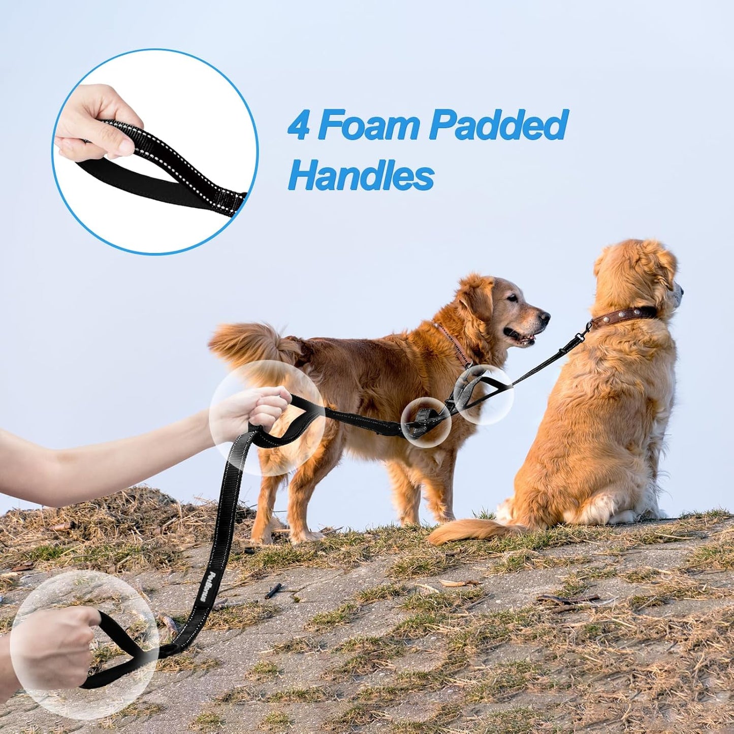 PetBonus Double Dog Leash, No Tangle Dual Leash, Reflective Walking Training Lead, 4 Comfortable Padded Handles for 2 Dogs with Collapsible Bowl and Waste Bags (Black, Large)