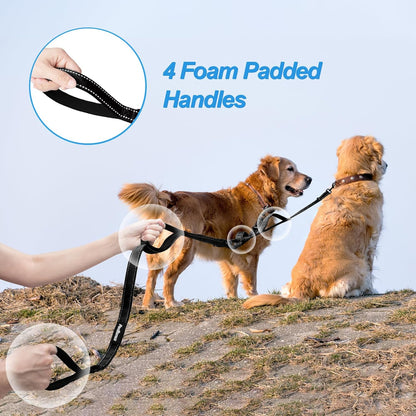 PetBonus Double Dog Leash, No Tangle Dual Leash, Reflective Walking Training Lead, 4 Comfortable Padded Handles for 2 Dogs with Collapsible Bowl and Waste Bags (Black, Large)