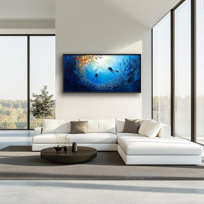 Large Ocean Diving Wall Art for Living Room, Framed Oversized Fish Wall Decor Underwater Marine Life Canvas Painting Modern Artwork for Living Room Bathroom Bedroom Office Dining Room 60"x30"