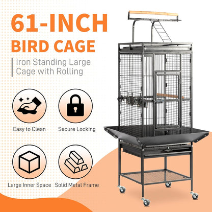 VINGLI 65-Inch Wrought Iron Bird Cage with Playtop | Durable Large Flight Cage with Ladder & Rolling Stand for Parrots, Cockatiels, Budgies, Lovebirds, Small/Medium Birds