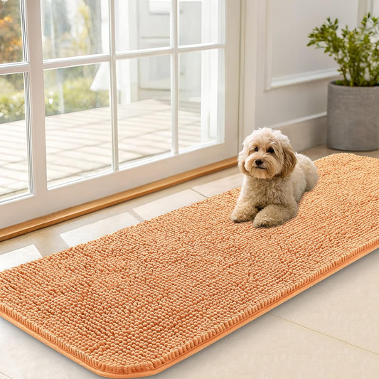 OLANLY Dog Door Mat for Muddy Paws 59x20, Absorbs Moisture and Dirt, Absorbent Non-Slip Washable Doormat, Quick Dry Chenille Mud Mat for Dogs, Entry Indoor Entryway Carpet for Inside Floor, Orange