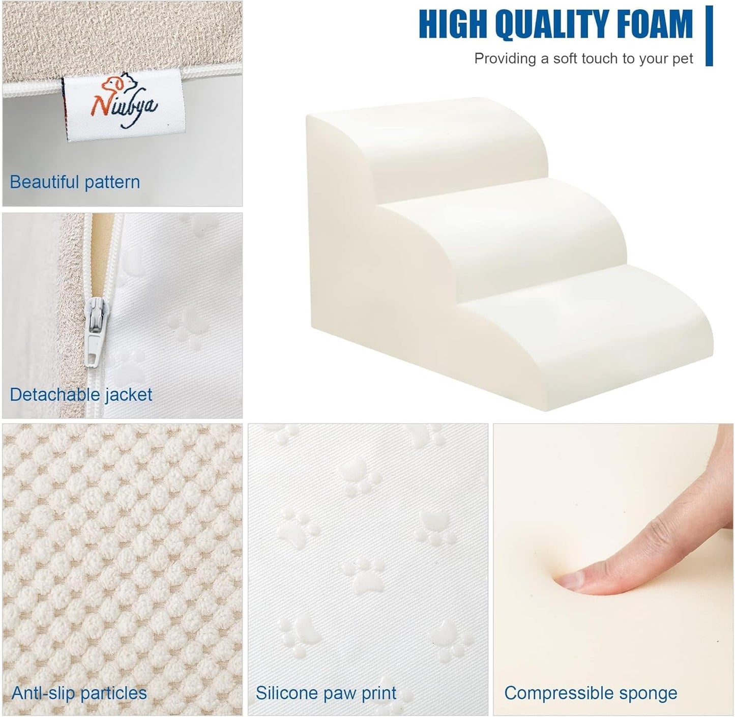 Dog Stairs for Small Dogs - High Density Foam Pet Steps, Extra Wide Dog Ramp with Non-Slip Bottom for High Beds, Couch and Sofa, Best for Dogs Injured, Older Doggy Cats