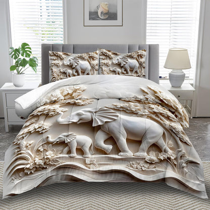 Elephant Comforter Set Queen Adult, White Animal Bedding Set Queen for Man, Cute Animal Comforter for Kids,Elephant Quilt Pattern White Bedroom Decor Womens, Relief Bedding