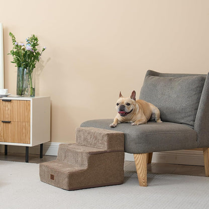 EHEYCIGA Dog Stairs for Small Dogs 13.5" H, 3-Step Dog Steps for Couch Sofa and Chair, Pet Steps for Medium Cats, Non-Slip Balanced Pet Ramp Indoor, Camel