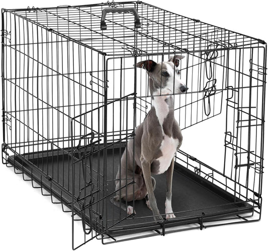 DUMOS Dog Crate, 36 Inch Medium Double Door Dog Cage with Divider Panel and Plastic Leak-Proof Pan Tray, Folding Metal Wire Pet Kennel for Indoor, Outdoor, Travel
