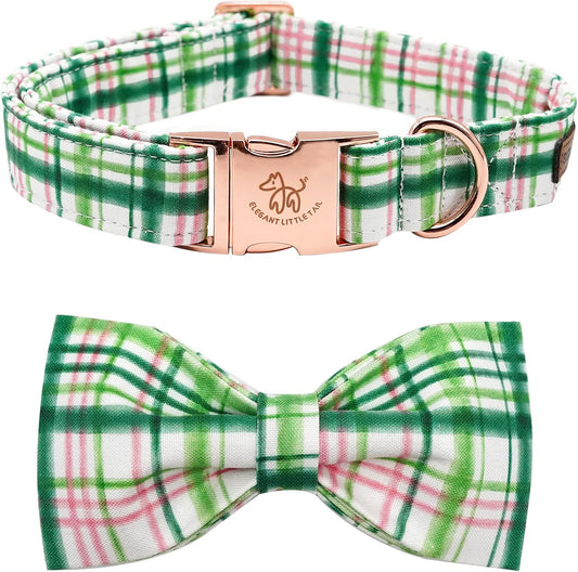 Elegant little tail Dog Collar with Bow - Pink with Green Plaid Boy or Girl Dog Collar Cute Bowtie Pet Collar Adjustable Dog Collar for Small Puppy