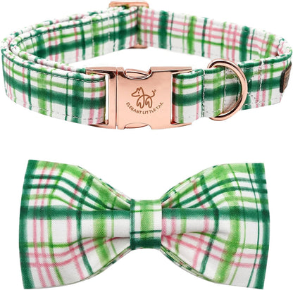 Elegant Little Tail Dog Collar with Bow - Pink with Green Plaid, Cute Bowtie, Adjustable for Medium Dogs