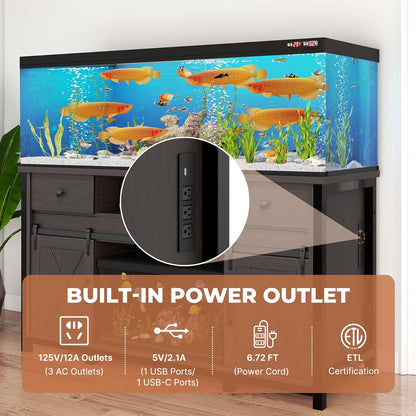 Miereirl 75-120 Gallon Fish Tank Stand with Power Outlet – Heavy Duty Aquarium Stand, Rustic Farmhouse Style, 1000 lb Capacity, Adjustable Storage & Sliding Barn Doors, Dark Brown