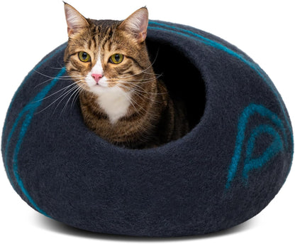 MEOWFIA Cat Cave – Premium Felt Cat Bed for Indoor Cats, Handmade 100% Merino Wool (Large, Black Aqua)