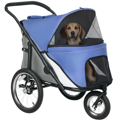 PawHut Dog Stroller, Pet Stroller 3 Wheels with Easy One-Hand Fold, Rubber Wheels, Storage Bag, Soft Cushion, Safety Leash, for Small & Medium Dogs, Blue