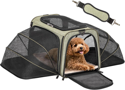Petsfit Expandable Cat Dog Carrier Airline Approved, 17" L x 11" W x 11" H Soft-Sided Portable Pet Travel Carrier for Kitten, Puppy, Removable Soft Plush Mat and Pockets, Auto-Locking Zippers