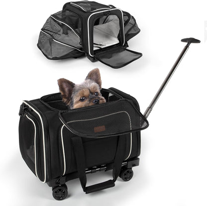 Pet Carrier for Travel - Small Dogs/Cats - 15 LBS MAX Dogs/Cats Expandable - Airline Approved & Roomy - Premium Pets Carrier with Wheels - Cozy Soft-Lined Travel Carrier - Stylish Black Design